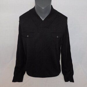 Marc Anthony Black V Neck Merino Wool Blend knit Sweater Mens L Military look